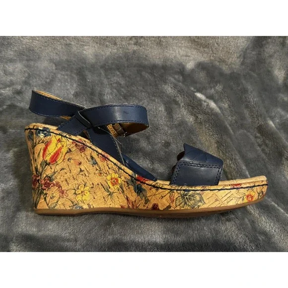 b.o.c Shoes Womens Size 10 Blue Floral Cork Wedge Sandals Comfort Strappy Summer - Picture 5 of 14